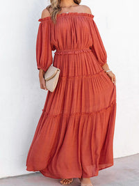 Thumbnail for Ruffle Trim Off Shoulder Long Sleeve Maxi Dress