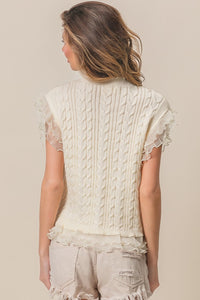 Thumbnail for BiBi Layered Pleat Chiffon Edge Cable Knit Top