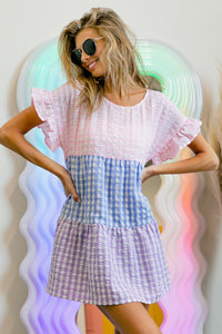 Thumbnail for BiBi Plaid Color Block Tiered Top