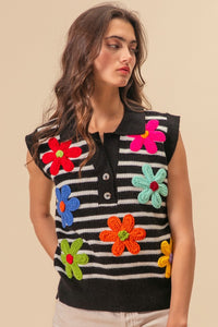 Thumbnail for BiBi Flower Patch Striped Half Button Sweater Vest