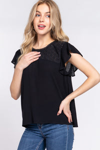 Thumbnail for ACTIVE BASIC Ruffle Short Sleeve Crochet Blouse