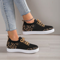 Thumbnail for Lace-Up Leopard Flat Sneakers