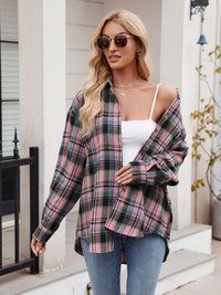 Thumbnail for Mandy Pocketed Plaid Collared Neck Long Sleeve Shirt