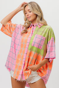 Thumbnail for BiBi Plaid Collared Neck Half Sleeve Shirt