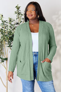 Thumbnail for Basic Bae Full Size Ribbed Open Front Cardigan with Pockets