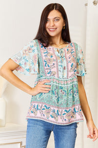 Thumbnail for Perfee Floral Tie Neck Short Sleeve Blouse