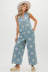 Thumbnail for BiBi Star Print Half Zip Sleeveless Denim Jumpsuit