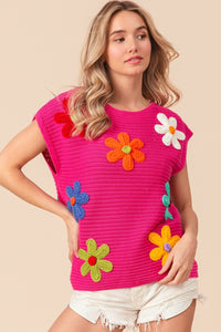 Thumbnail for BiBi Flower Round Neck Cap Sleeve Knit Top