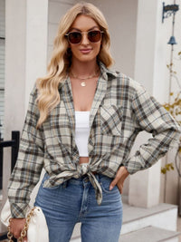 Thumbnail for Mandy Pocketed Plaid Collared Neck Long Sleeve Shirt