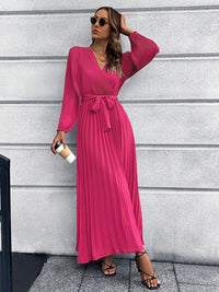 Thumbnail for V-Neck Tie Waist Pleated Maxi Dress