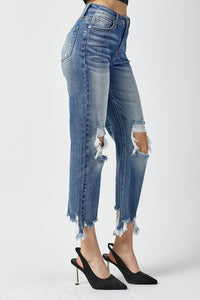 Thumbnail for RISEN High Waist Distressed Frayed Hem Cropped Straight Jeans