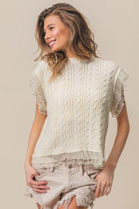 Thumbnail for BiBi Layered Pleat Chiffon Edge Cable Knit Top