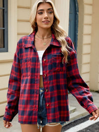 Thumbnail for Plaid Collared Neck Long Sleeve Shirt