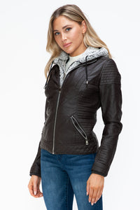 Thumbnail for YMI Faux Layered Double-Zipper Jacket with Fuzzy Hood