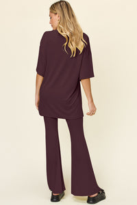 Thumbnail for Double Take Full Size Round Neck Drop Shoulder T-Shirt and Flare Pants Set