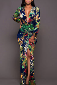 Thumbnail for Printed Plunge Neck Leg Split Maxi Dress