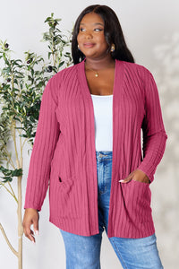 Thumbnail for Basic Bae Full Size Ribbed Open Front Cardigan with Pockets