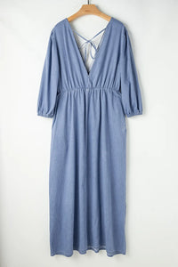 Thumbnail for Tied Plunge Three-Quarter Sleeve Denim Dress