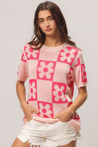 Thumbnail for BiBi Flower Checker Pattern Short Sleeve Sweater