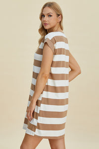 Thumbnail for Basic Bae Full Size Striped Round Neck Cap Sleeve Mini Dress