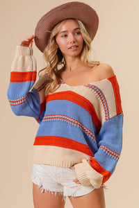 Thumbnail for BiBi Multi Color Stripe Scoop Neck Sweater