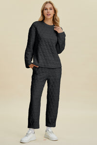 Thumbnail for Double Take Full Size Texture Round Neck Long Sleeve Top and Pants Set