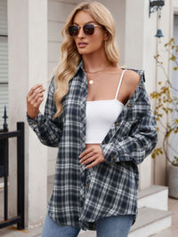 Thumbnail for Mandy Pocketed Plaid Collared Neck Long Sleeve Shirt