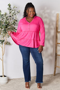 Thumbnail for Double Take Half Button Long Sleeve Ruffle Hem Blouse