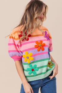 Thumbnail for BiBi Flower Patch Puff Sleeve Striped Sweater