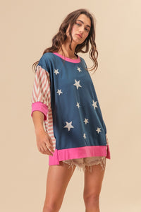 Thumbnail for BiBi US Flag Theme Color Block Star Patch T-Shirt