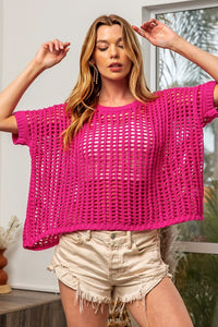 Thumbnail for BiBi Round Neck Short Sleeve Openwork Knit Cover Up