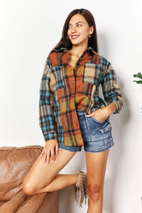 Thumbnail for Double Take Plaid Curved Hem Shirt Jacket with Breast Pockets