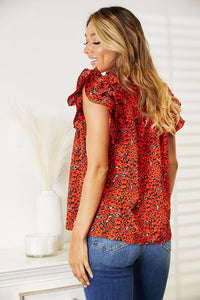 Thumbnail for Double Take Floral Flutter Sleeve Notched Neck Blouse