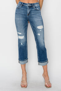 Thumbnail for RISEN Full Size Cuffed Ankle Distressed Straight Jeans