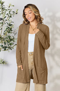 Thumbnail for Basic Bae Full Size Ribbed Open Front Cardigan with Pockets