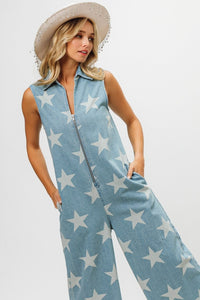 Thumbnail for BiBi Star Print Half Zip Sleeveless Denim Jumpsuit