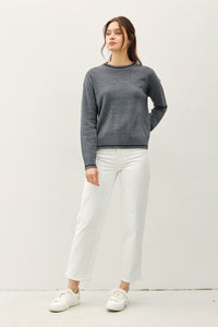 Thumbnail for Be Cool Striped Trim Round Neck Long Sleeve Sweater