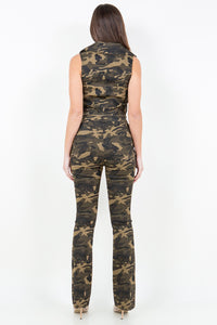 Thumbnail for American Bazi V-Cut Ruched Camo Flare Pants