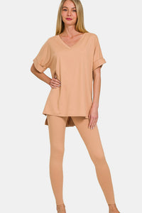 Thumbnail for Zenana Full Size V-Neck Rolled Short Sleeve T-Shirt and Leggings Lounge Set