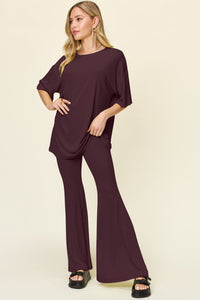 Thumbnail for Double Take Full Size Round Neck Drop Shoulder T-Shirt and Flare Pants Set