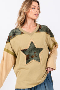 Thumbnail for SAGE + FIG Star Patch Long Sleeve Color Block T-Shirt