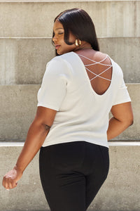 Thumbnail for And The Why Pearly White Full Size Criss Cross Pearl Detail Open Back T-Shirt