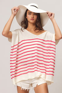 Thumbnail for BiBi V Neck Striped Short Sleeve Top