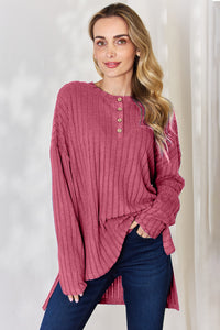 Thumbnail for Basic Bae Full Size Ribbed Half Button Long Sleeve High-Low T-Shirt