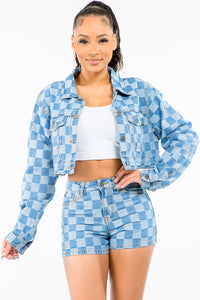 Thumbnail for American Bazi Checkered Long Sleeve Cropped Denim Jacket