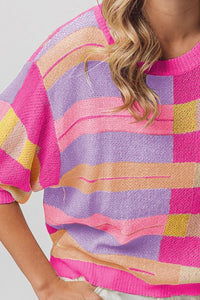 Thumbnail for BiBi Multi Color Striped Round Neck Knit Top