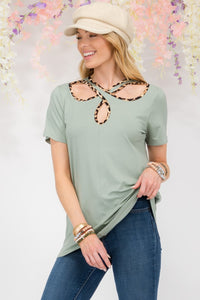 Thumbnail for Celeste Full Size Crisscross Cutout Leopard Contrast Trim T-Shirt