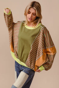 Thumbnail for BiBi Color Block Striped Round Neck Sweatshirt