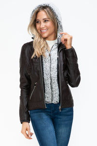 Thumbnail for YMI Faux Layered Double-Zipper Jacket with Fuzzy Hood