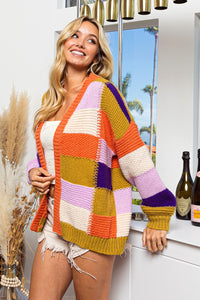 Thumbnail for BiBi Checkered Color Block Sweater Cardigan